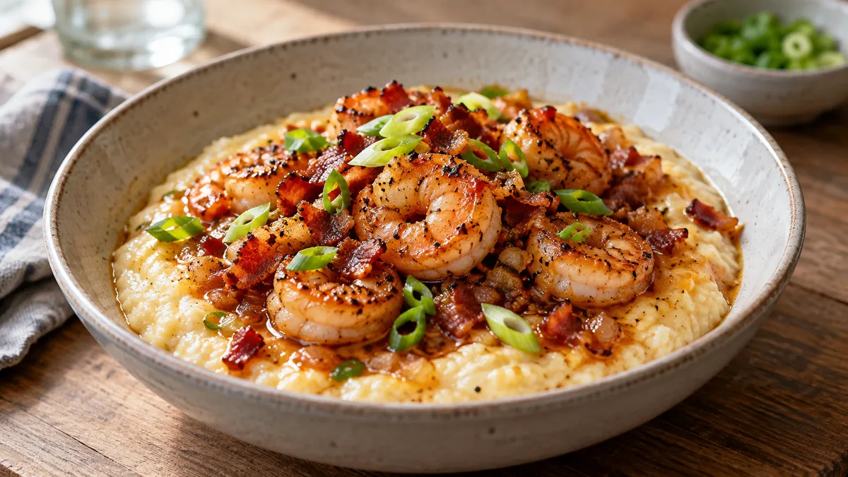 Bowl of creamy cheese grits topped with shrimp, bacon and green onions
