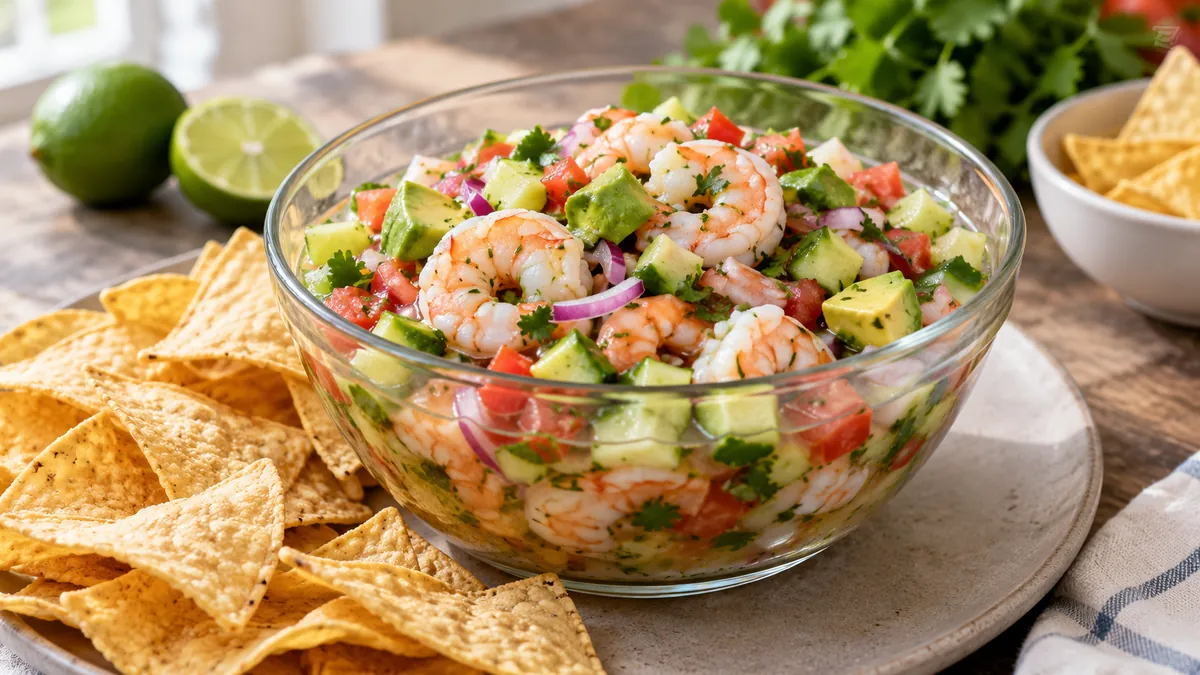 Glass bowl of shrimp ceviche with lime, tomato, cucumber, red onion, avocado and cilantro