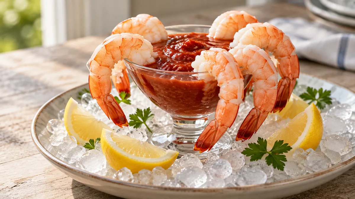 Chilled jumbo shrimp around a glass of cocktail sauce on crushed ice with lemon