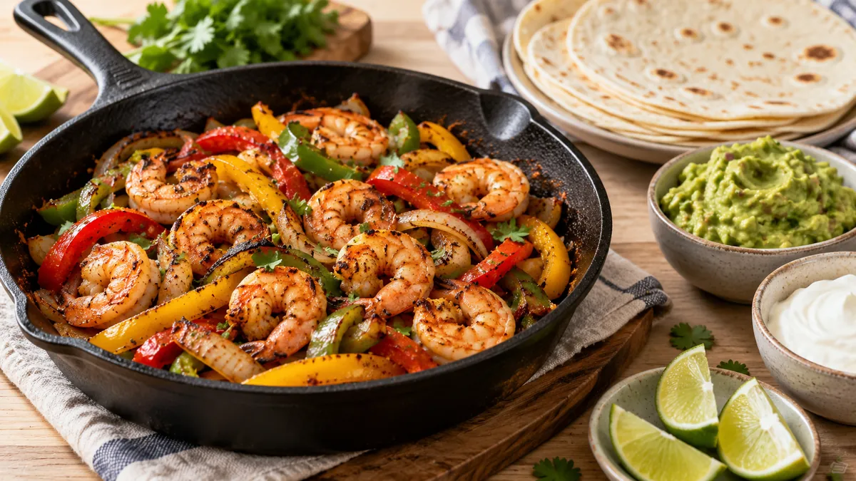 Skillet of shrimp fajitas with charred peppers and onions, lime, tortillas and guacamole