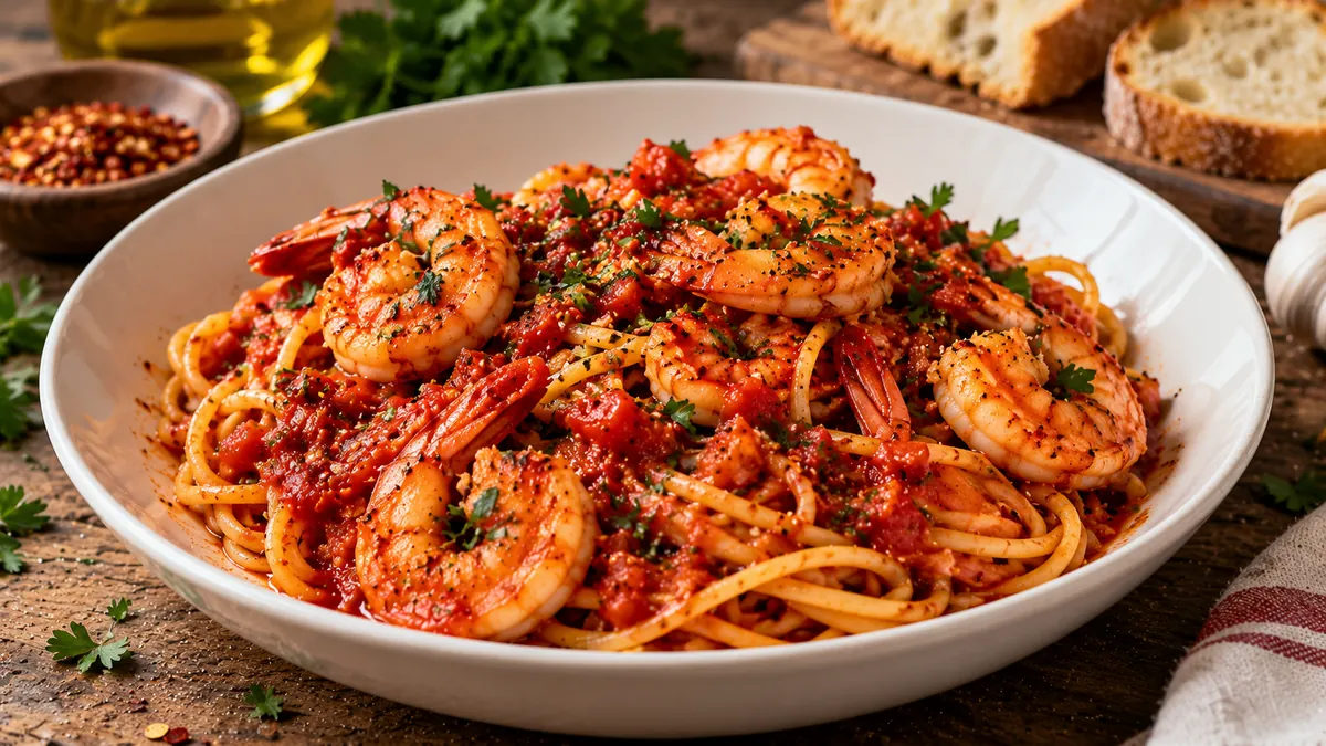 Shrimp fra diavolo in spicy tomato sauce over linguine with parsley