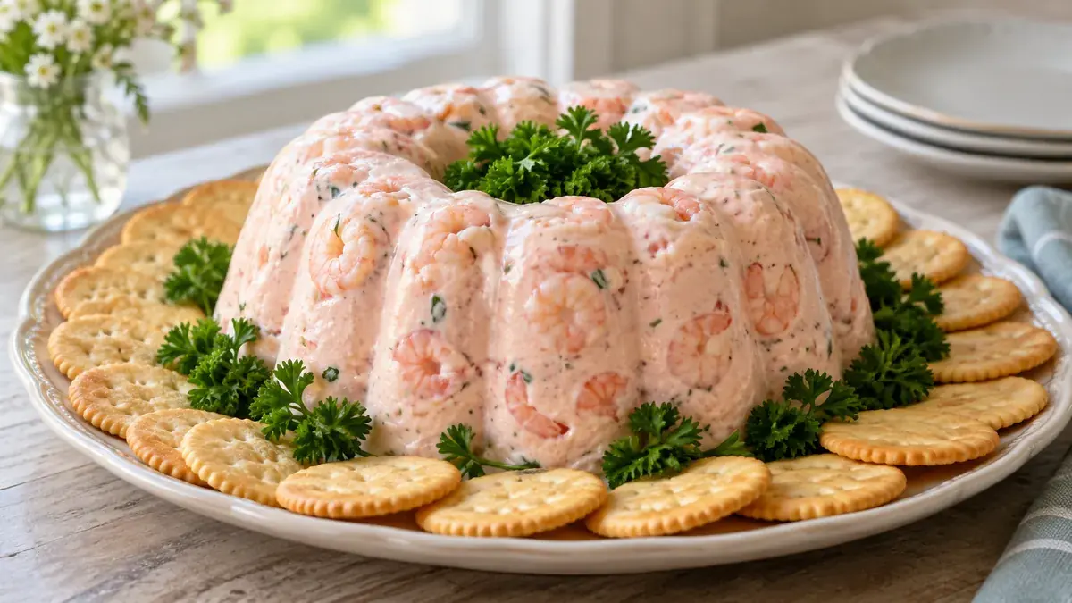 Pink shrimp mold ring garnished with parsley and surrounded by crackers