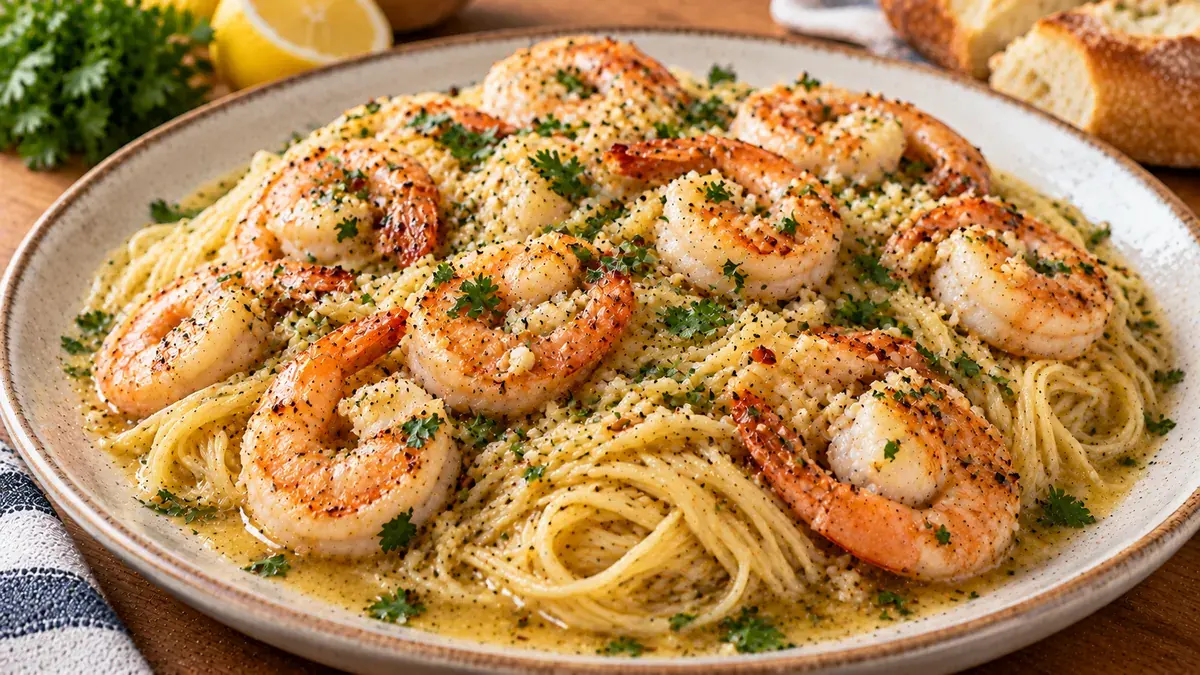 Shrimp scampi over angel hair pasta with garlic and parsley