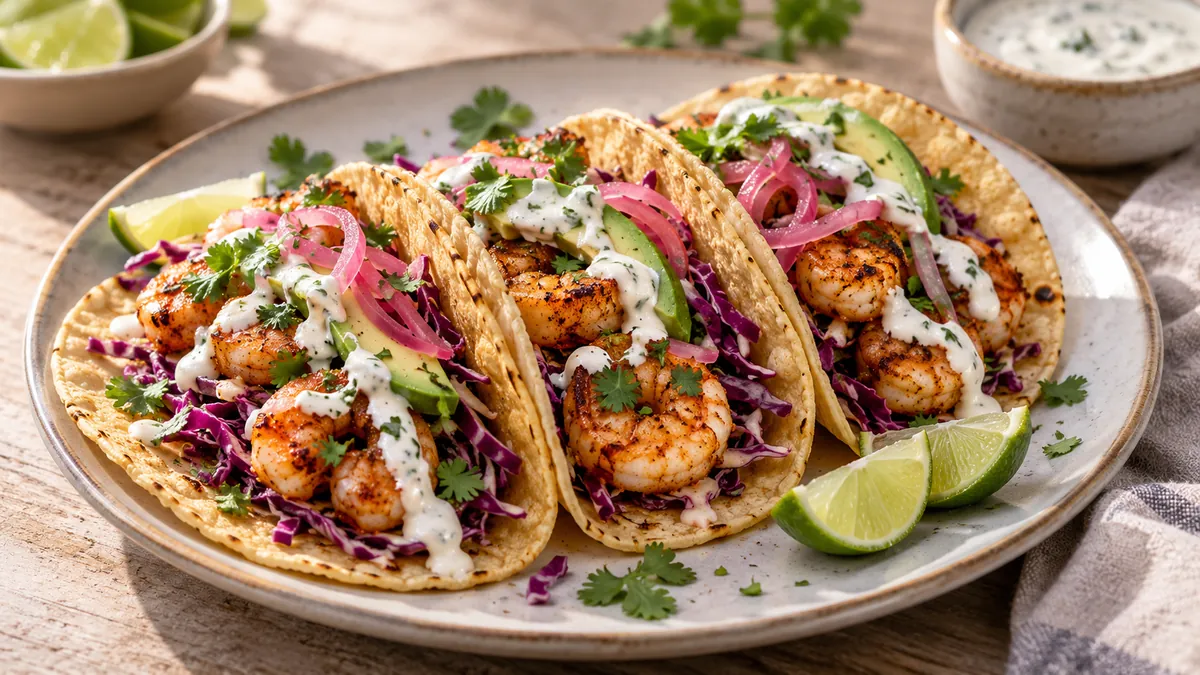Three shrimp tacos with cabbage, avocado, pickled onion, lime crema and cilantro