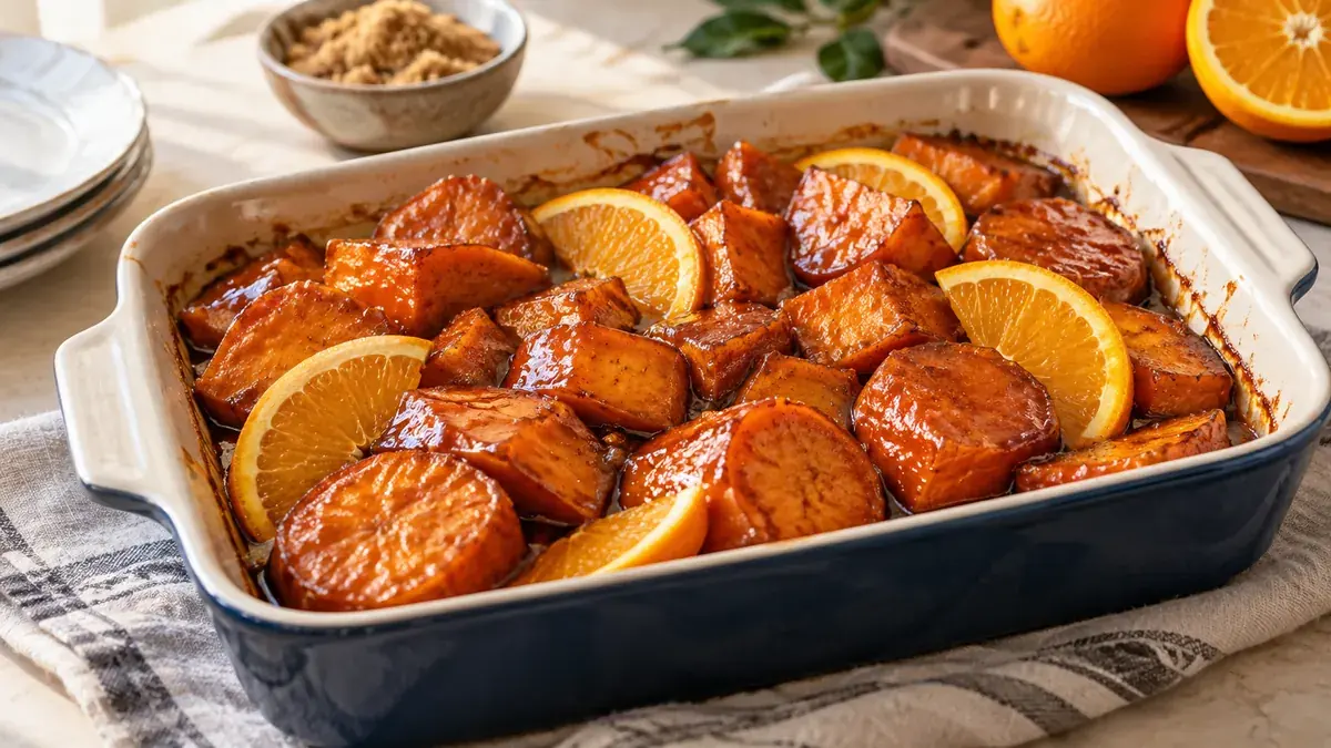 Candied sweet potatoes topped with orange slices in a baking dish