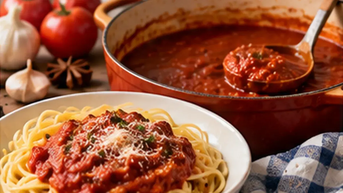 Pot of red pasta sauce with a ladle, spooned over spaghetti with Parmesan