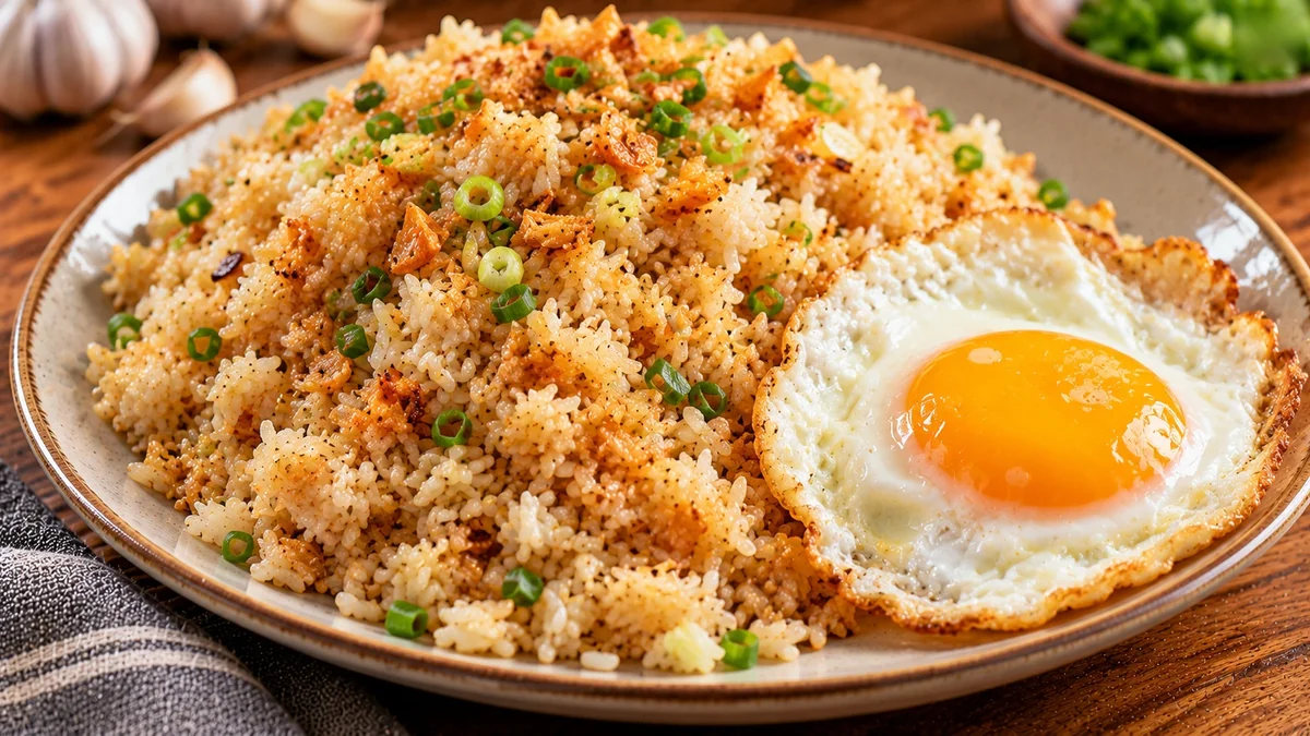 Sinangag garlic fried rice topped with golden garlic and a fried egg