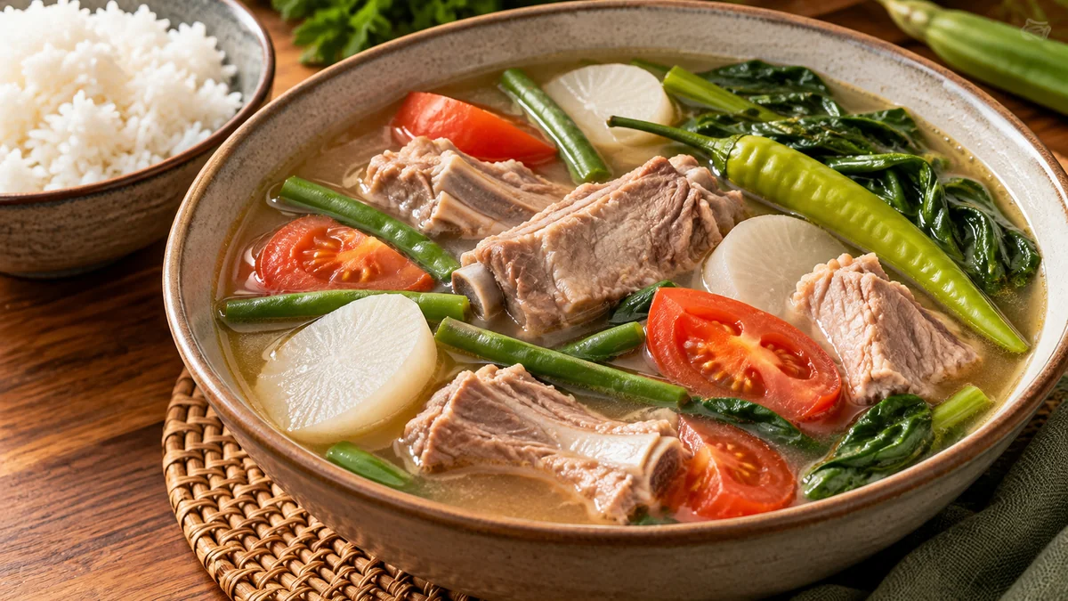 Sinigang pork tamarind soup with radish, green beans and greens