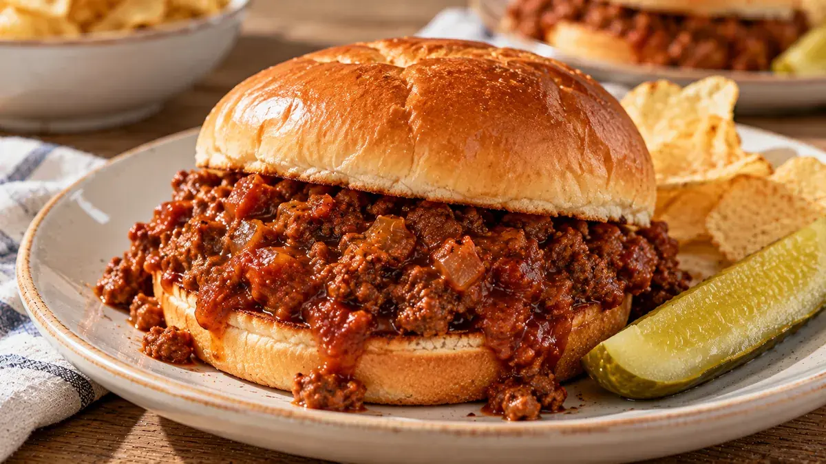 Sloppy joe on a soft bun with a pickle spear and potato chips