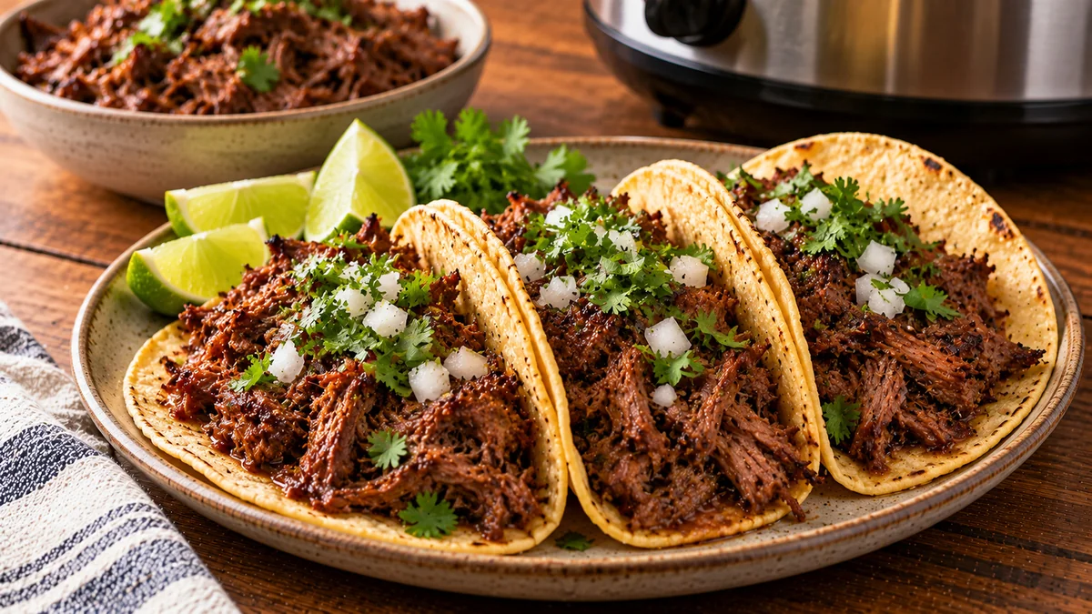 Slow cooker beef barbacoa tacos with onion, cilantro and lime