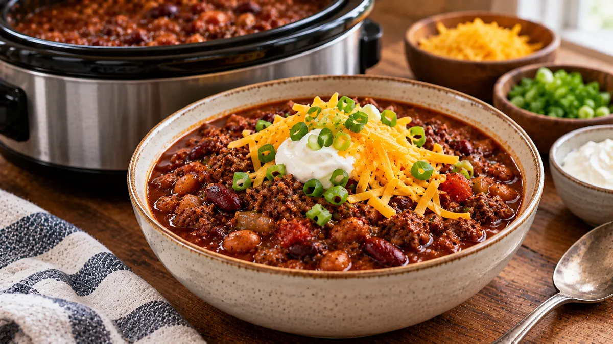 Bowl of beef and bean chili with sour cream, Cheddar and green onions