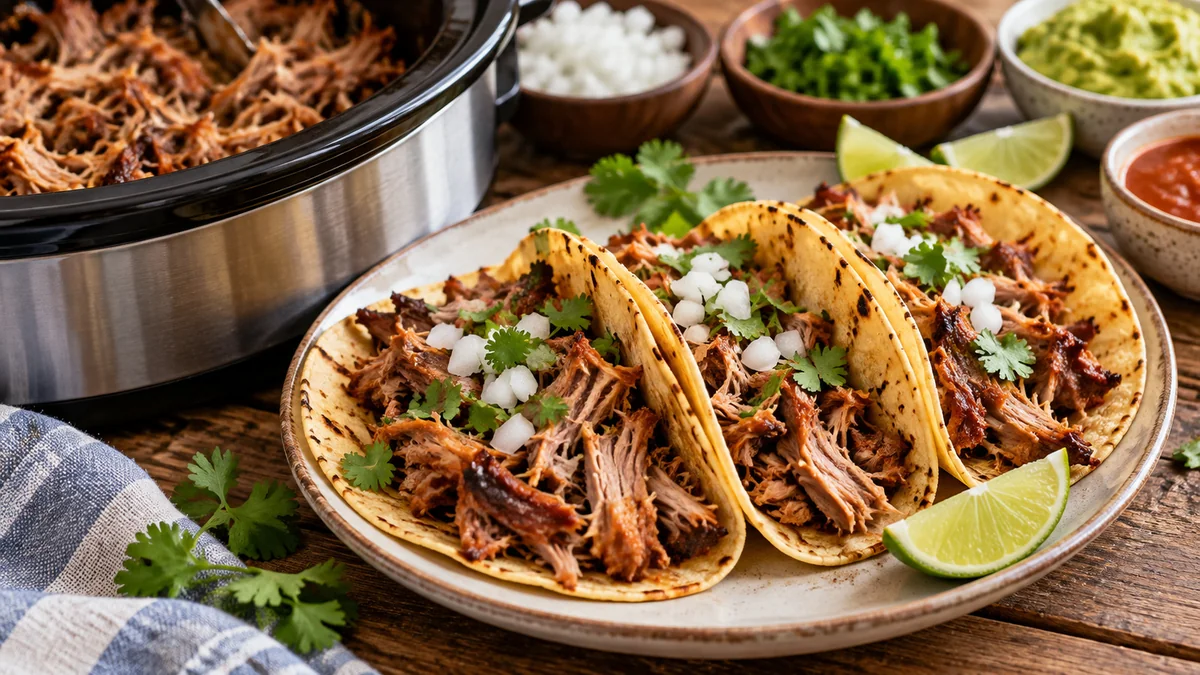 Crispy slow cooker pork carnitas in corn tortillas with onion and cilantro