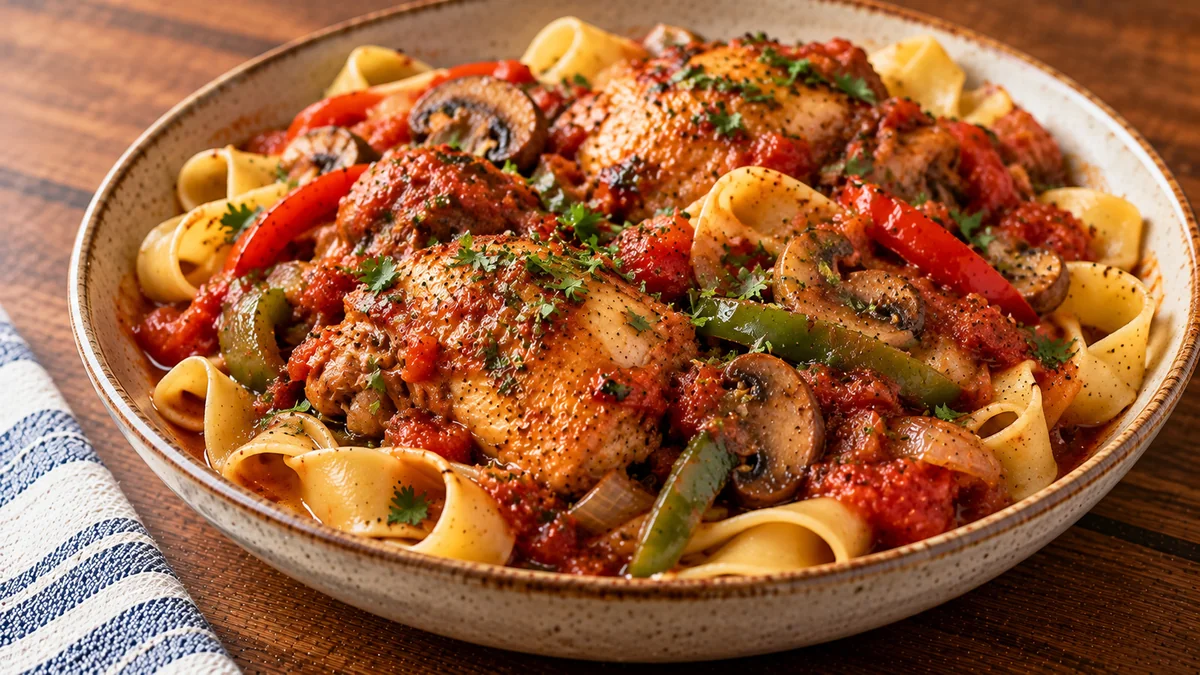 Slow cooker chicken cacciatore with peppers and mushrooms over pasta