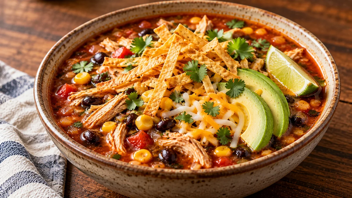 Slow cooker chicken tortilla soup topped with tortilla strips, avocado and cilantro