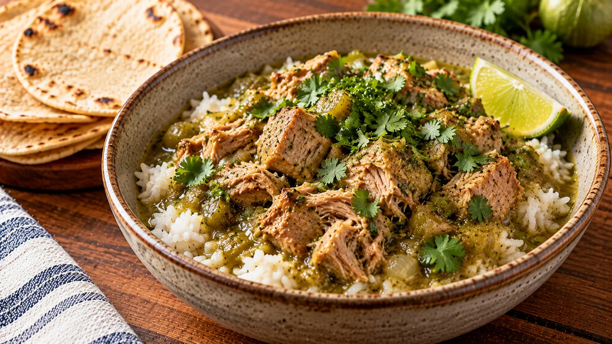 Slow cooker pork chile verde in a bowl with rice and cilantro