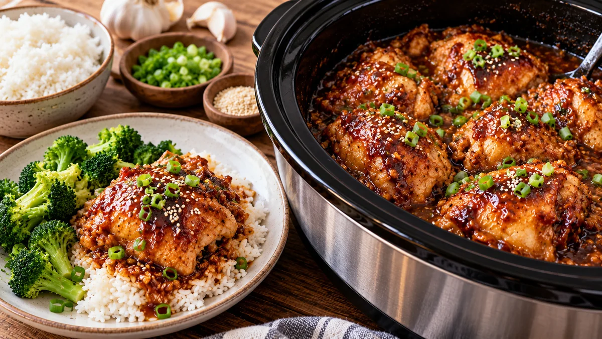 Slow cooker honey garlic chicken thighs in a glossy sauce over rice