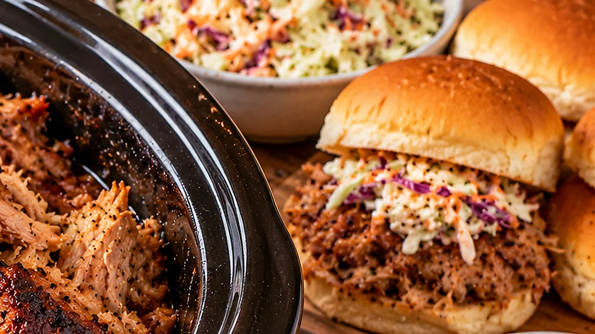 Slow cooker pulled pork sandwich with barbecue sauce and coleslaw