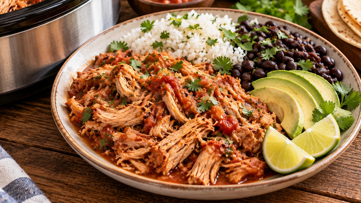 Shredded slow cooker salsa chicken in a bowl with rice, beans and avocado