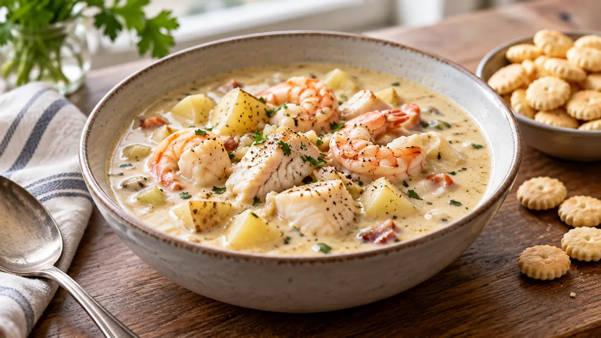 Bowl of creamy seafood chowder with fish, shrimp, scallops and potatoes and oyster crackers