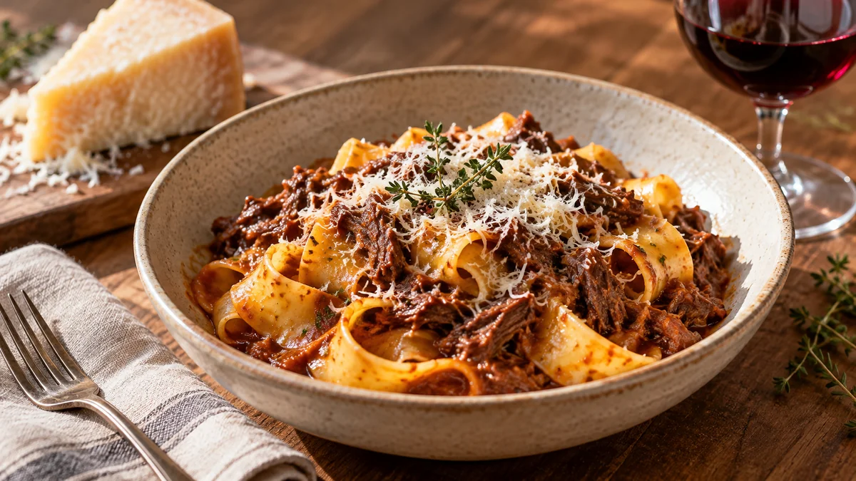 Slow cooker short rib ragu over pappardelle with Parmesan