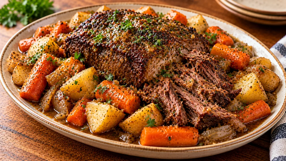Tender slow cooker pot roast on a platter with carrots and potatoes