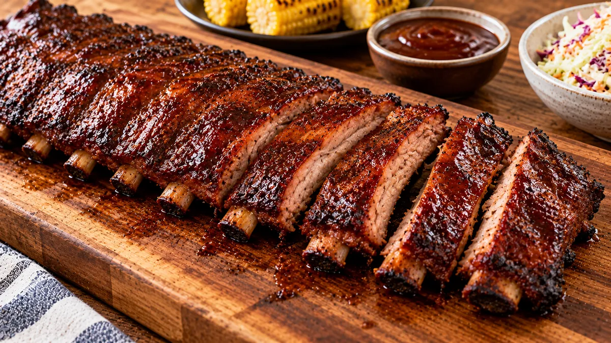Rack of smoked baby back ribs with a glossy barbecue glaze sliced on a cutting board