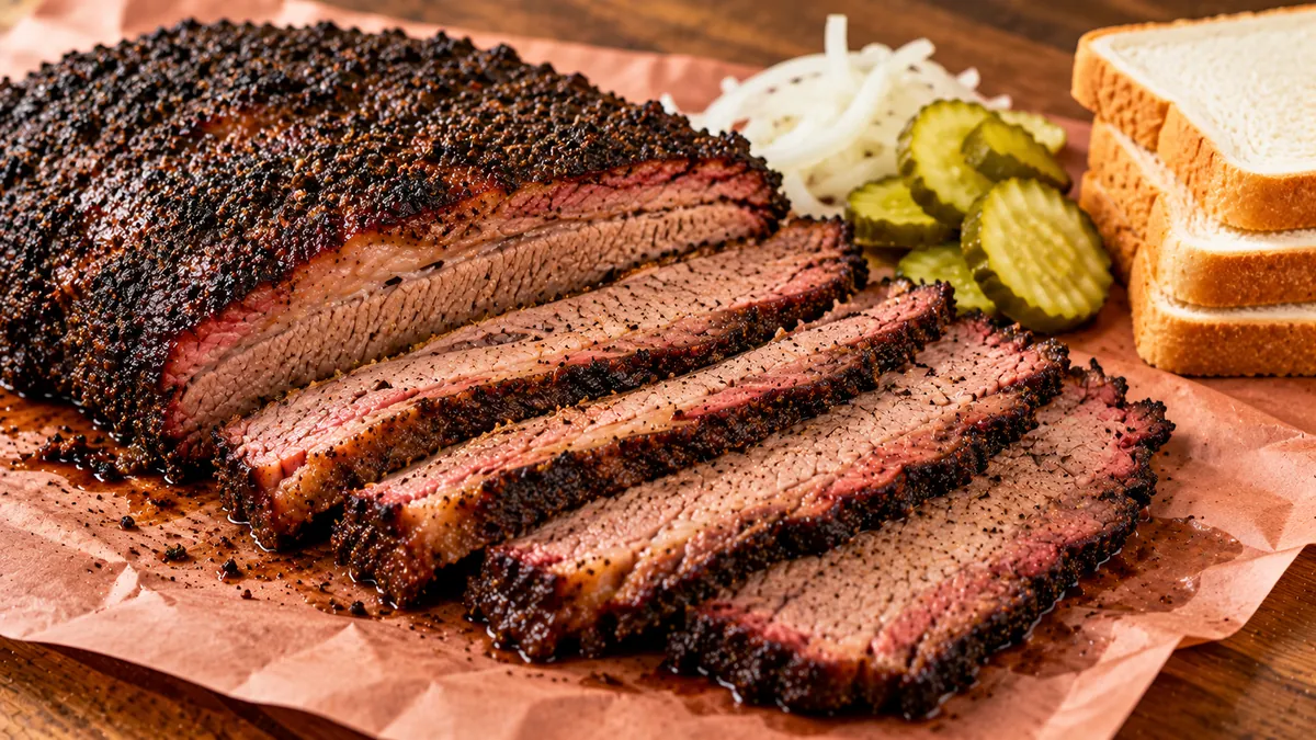 Sliced smoked brisket with a peppery bark and pink smoke ring on butcher paper with pickles and white bread