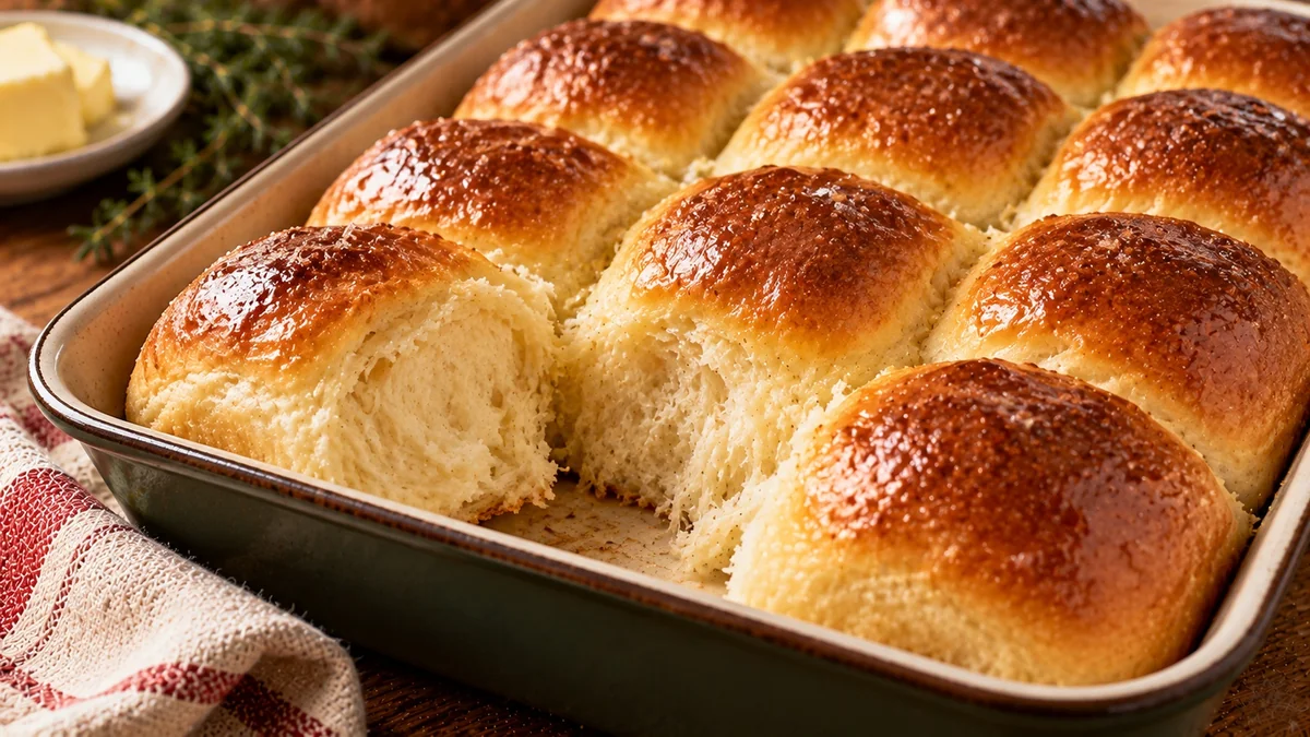 Pan of golden pull-apart dinner rolls brushed with butter