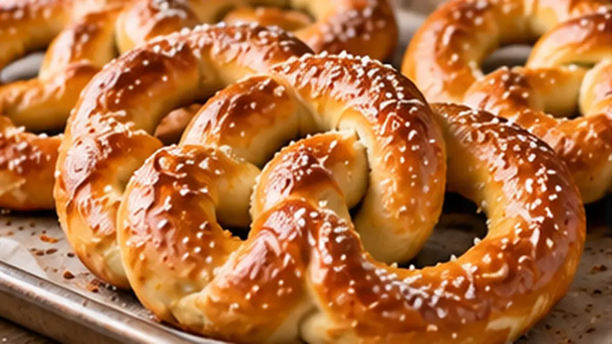 Golden homemade soft pretzels with coarse salt on a baking sheet