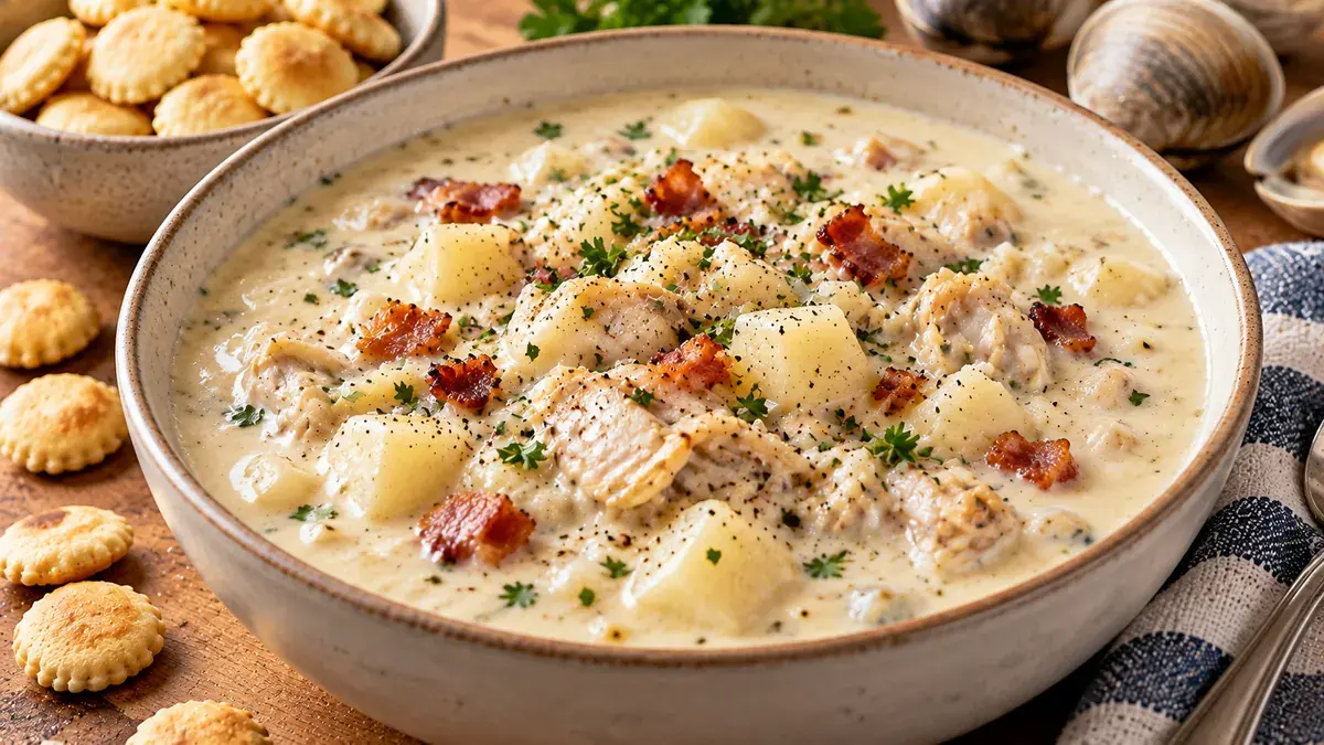 Bowl of creamy New England clam chowder with oyster crackers