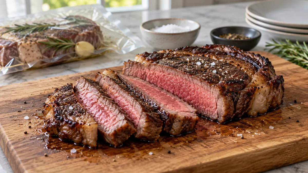 Sliced sous vide ribeye showing an even pink interior and dark crust on a board