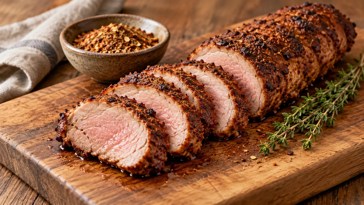 Sliced spice-rubbed pork tenderloin with a dark seasoned crust on a cutting board