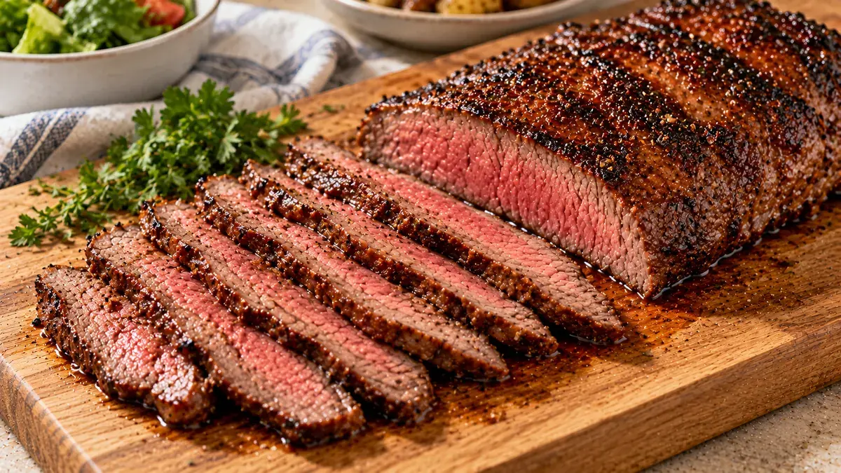 Spiced, glazed London broil sliced thin across the grain on a cutting board