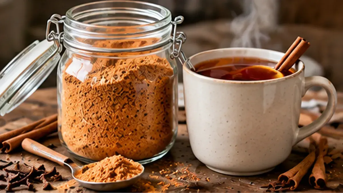 Jar of spiced tea mix beside a steaming cup of spiced tea with cinnamon sticks