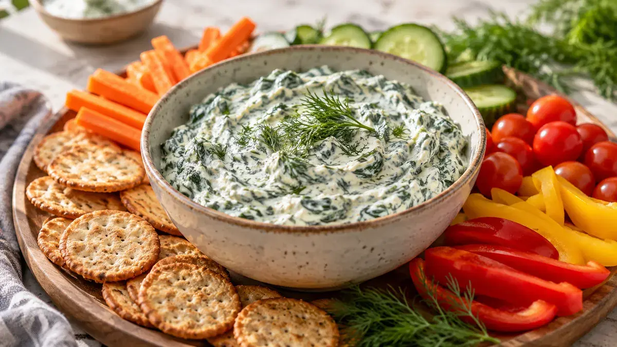 Bowl of creamy spinach dip with dill, surrounded by crackers and raw vegetables