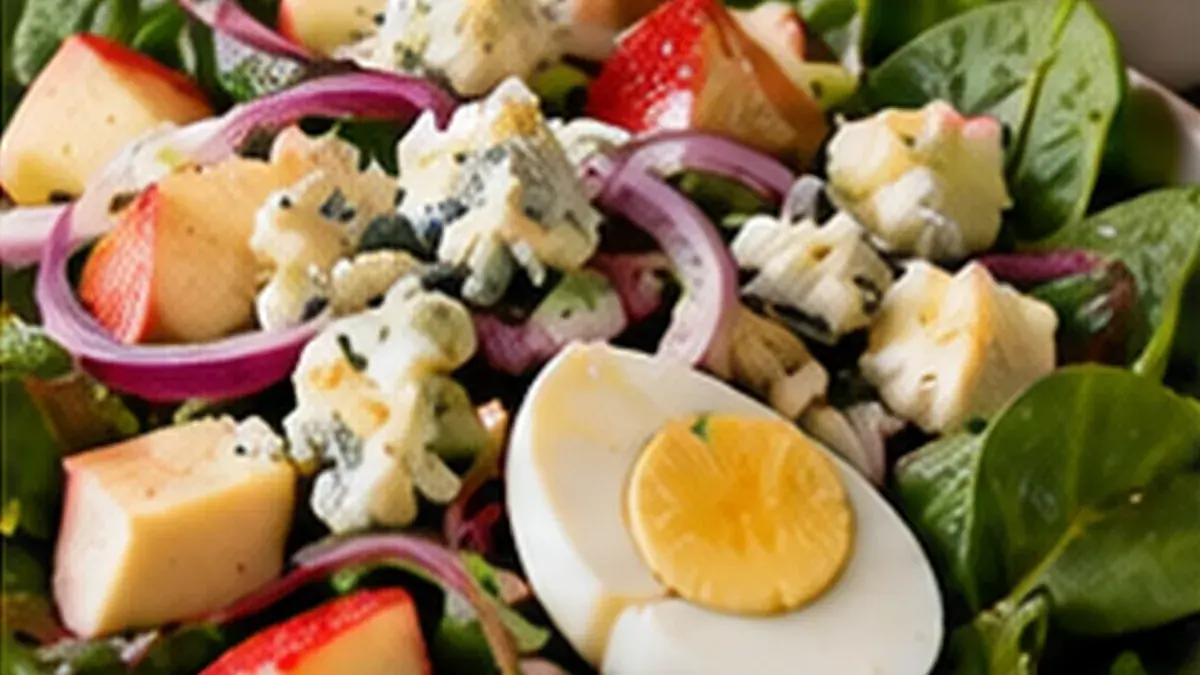 Spinach salad with apple, red onion, hard-boiled egg and bleu cheese, with creamy dressing