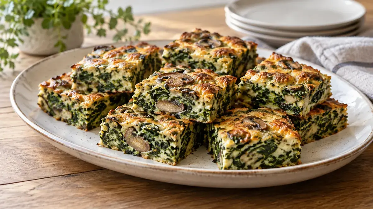 Squares of spinach and mushroom bake on a platter