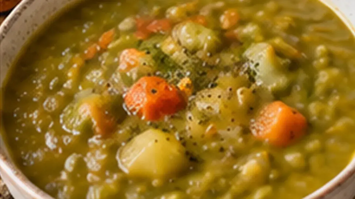 Bowl of thick green split pea soup with carrots and potatoes