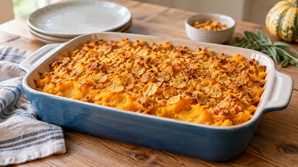 Spiced squash casserole with a golden corn flake crumb topping