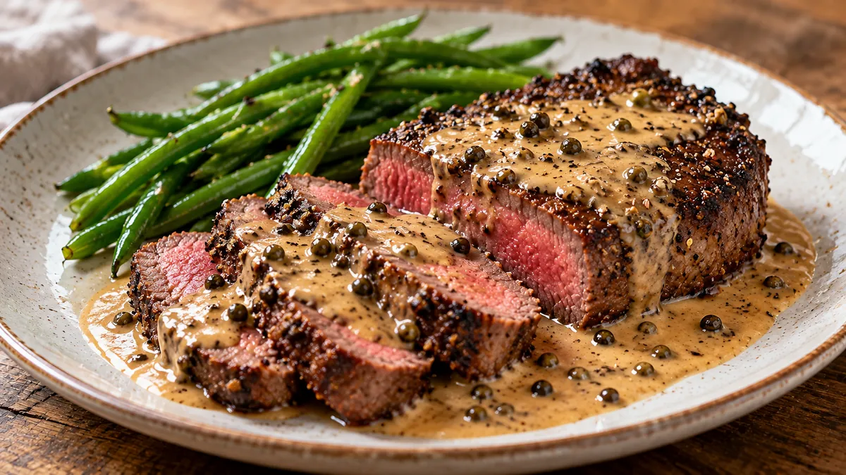 Peppercorn-crusted steak sliced medium-rare in a creamy peppercorn sauce with green beans