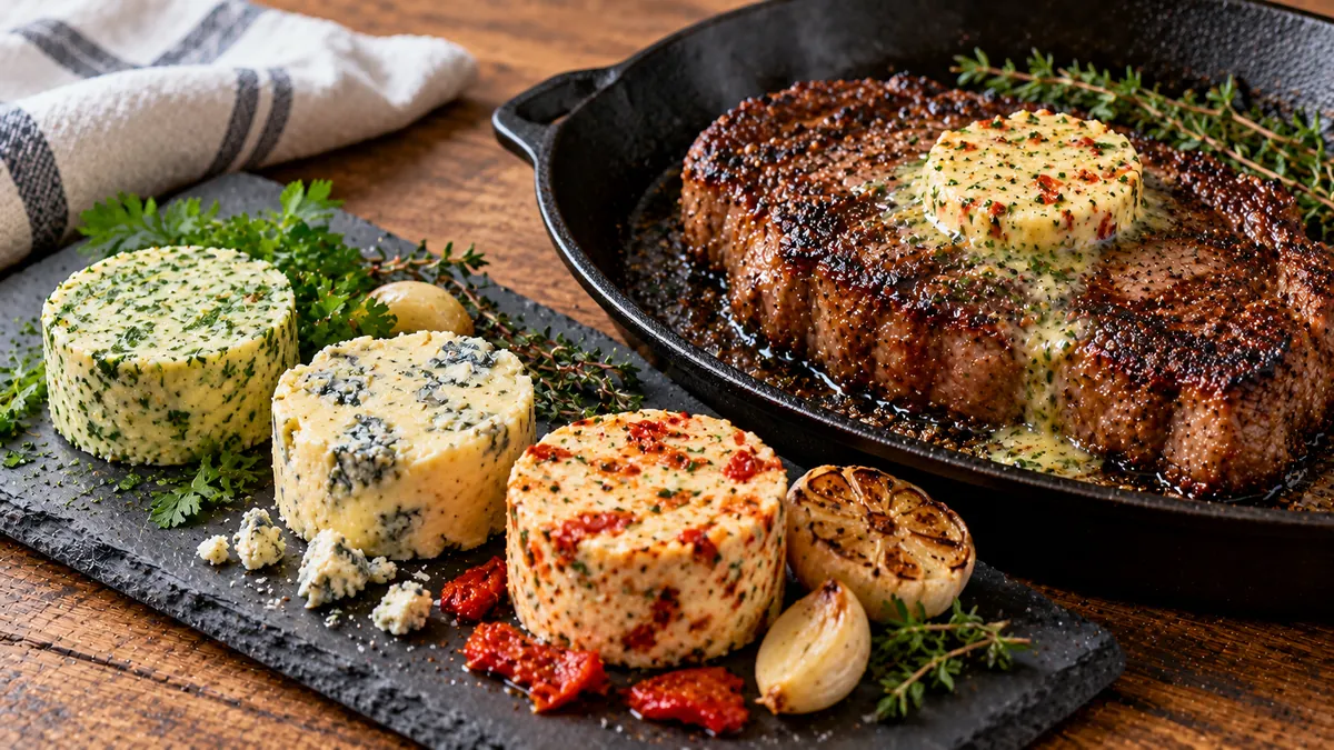 Three compound butters on a slate board with one melting on a seared steak