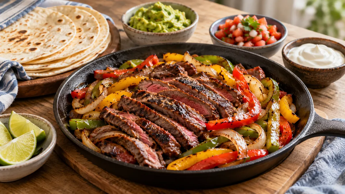 Sizzling skillet of sliced skirt steak fajitas with peppers and onions, tortillas, guacamole and pico de gallo