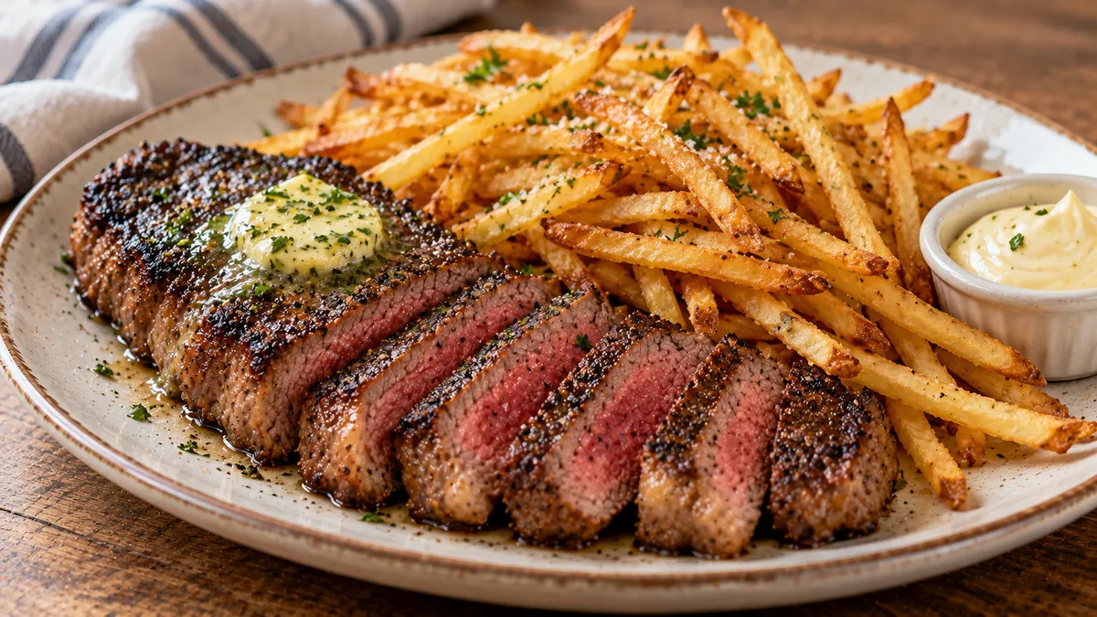 Sliced seared steak with herb butter beside golden French fries and a dish of aioli