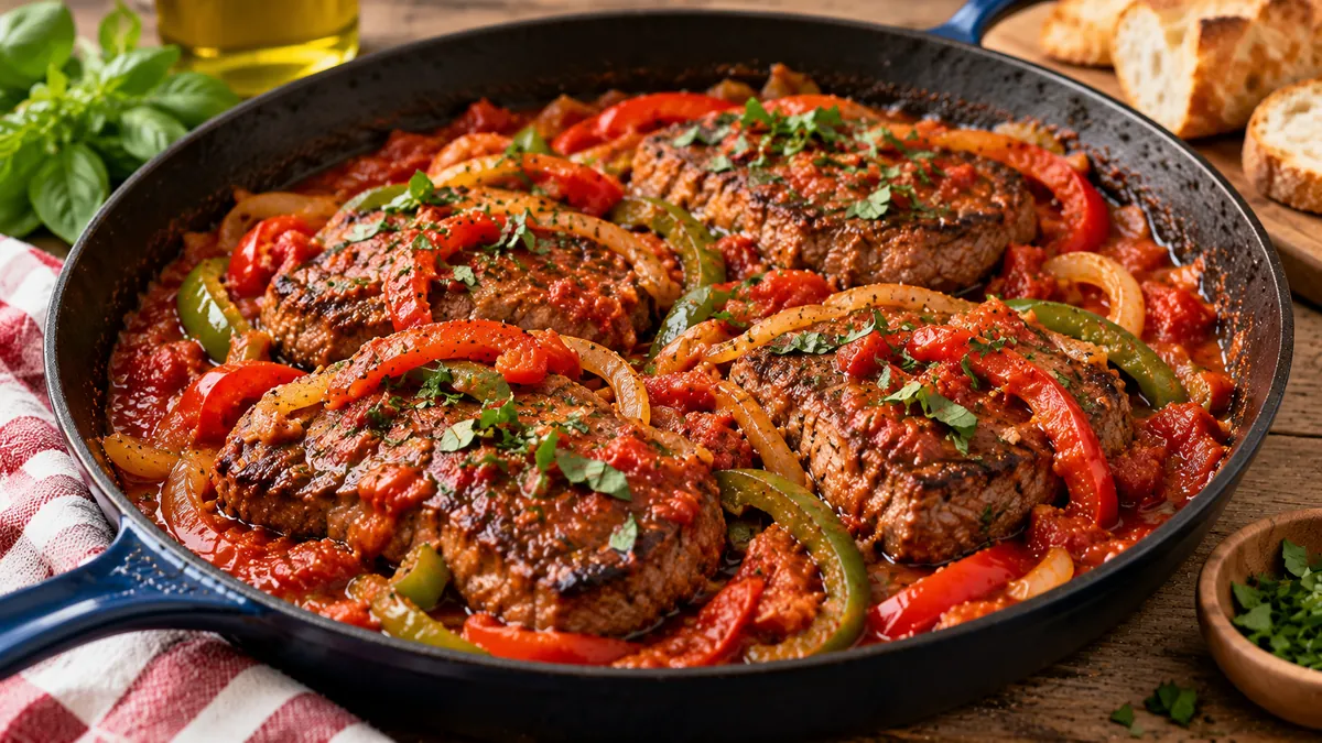Seared steaks in a tomato, pepper and garlic sauce in a skillet with basil and bread