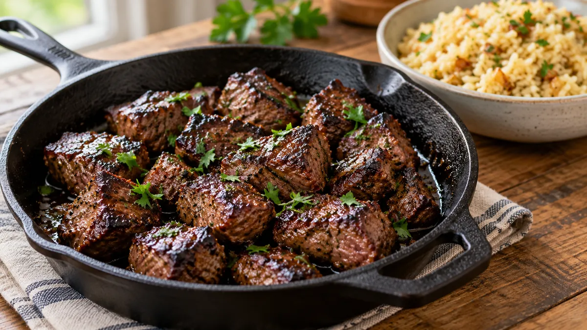 Caramelized marinated steak tips in a cast-iron skillet with rice pilaf