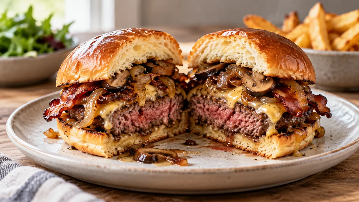 Steakhouse burger with Cheddar, bacon, caramelized onions and mushrooms on a brioche bun, cut in half