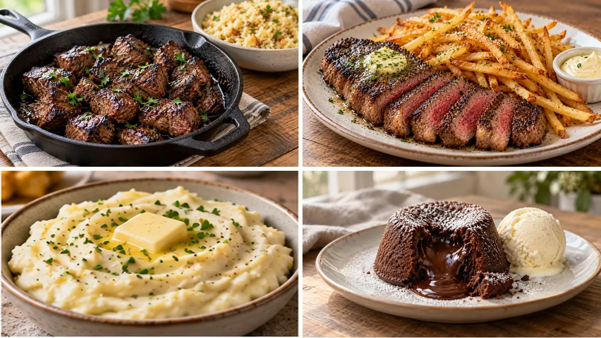 Collage of a budget steakhouse dinner: steak tips, steak frites, garlic mashed potatoes and chocolate lava cakes