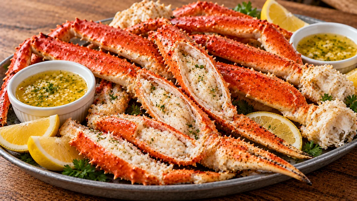Platter of steamed king crab legs split open with garlic butter and lemon wedges
