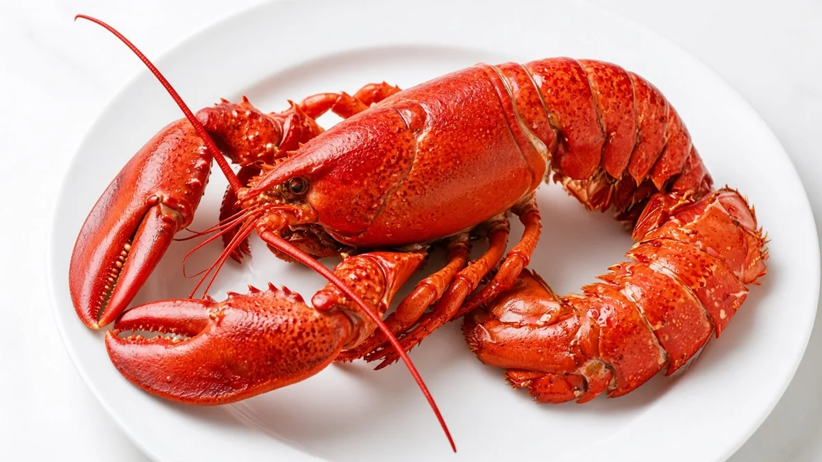 A whole steamed red lobster on a white plate