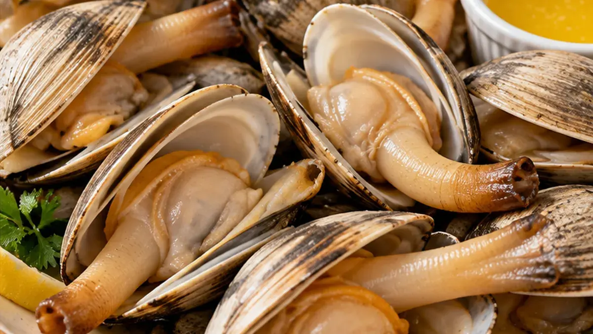 Steamed soft-shell clams with long necks on a platter with melted butter and lemon wedges